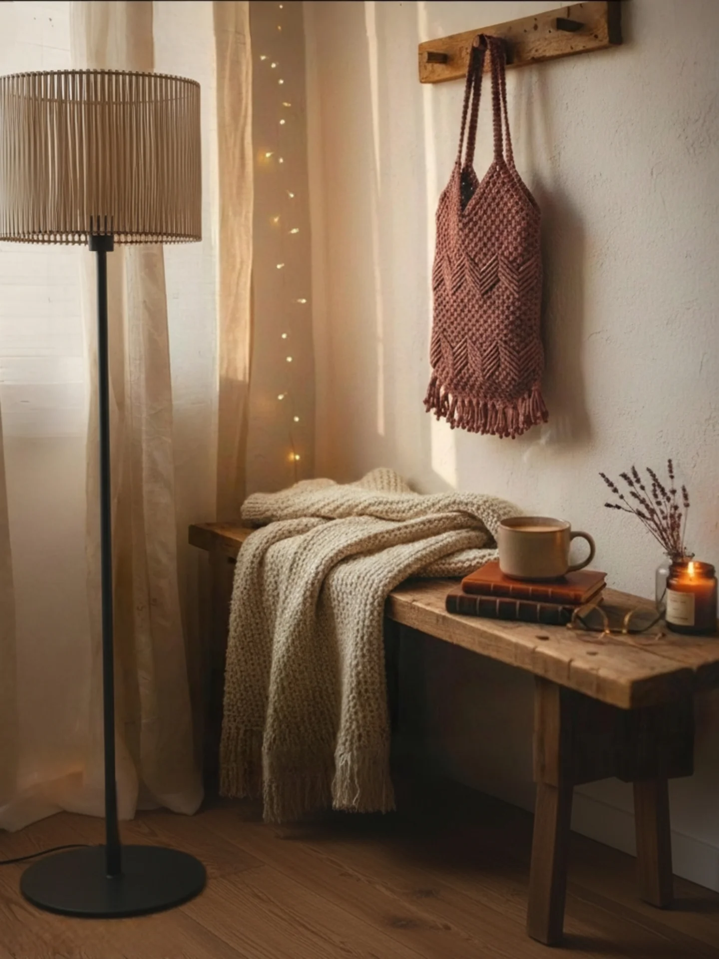 Luminaire en bois et sac en macramé dans un intérieur chaleureux